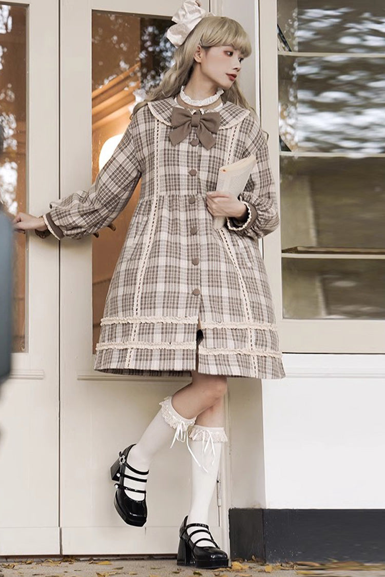 Light Brown Doll Collar Long Sleeves Multi-layer Print Bowknot Sweet College Style Lolita Dress Coat - Product - 2