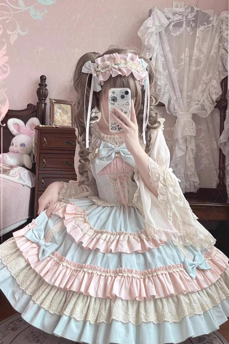 Blue/Pink Candy Sleeveless Multi-Layered Ruffle Bowknot Lace-Up Sweet Lolita Tiered Dress - Product - 4