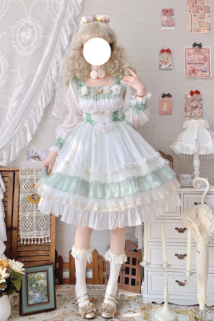 Green [Spring of Boliya] Long Sleeves Multi-Layered Ruffle Bowknot Lace Lace-Up Sweet Princess Lolita Dress - Product - 19