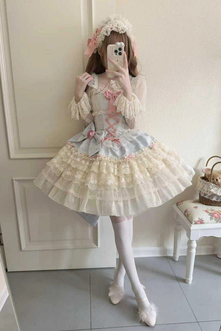 Blue [Rose Canticle] Sleeveless Multi-Layered Bowknot Lace Lace-Up Pearl Ballet Sweet Lolita Jsk Dress - Product - 6