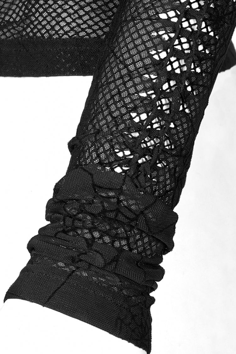 Black Long Sleeves Spider Web Print Hollow Mesh Women's Punk T-Shirt - Product - 7