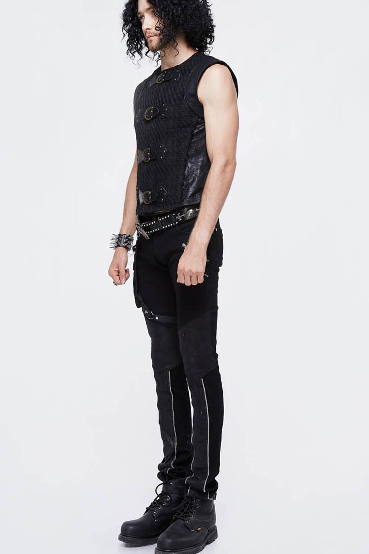 Black Coarse Texture Woolen Patchwork Heat Seal Backing Leather Loop Rough Selvage Men's Punk Waistcoat - Product - 7