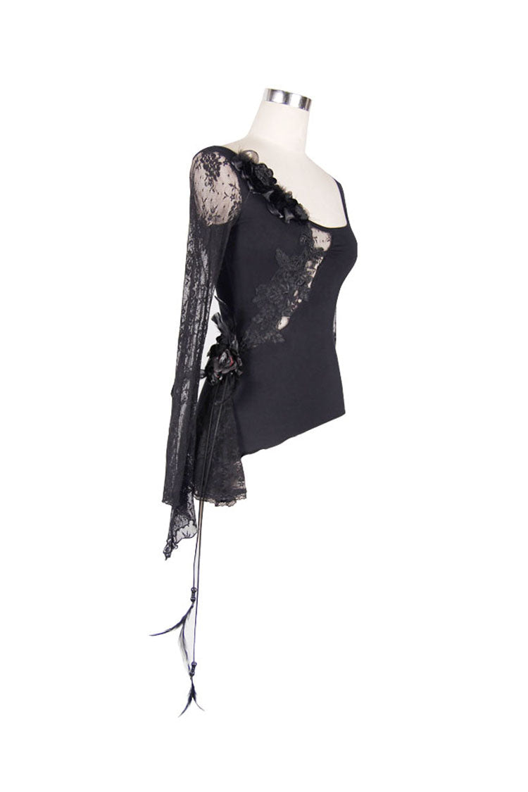 Black Front Chest Rose Decoration Flare Sleeve Irregular Lace Hem Knit Women's Gothic T-Shirt - Product - 7