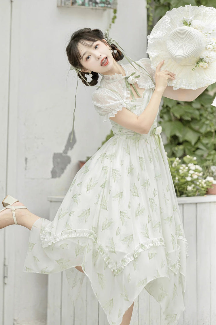 Lily of the Valley Spring Short Sleeves Jacquard Print Bowknot Irregular Sweet Lolita Jsk Dress - Product - 7