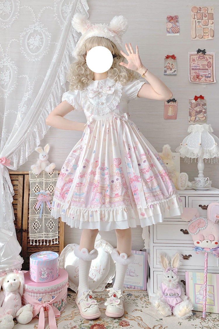 Ivory Cute Cat Print High Waisted Ruffle Bowknot Sweet Princess Lolita JSK Dress - Product - 8