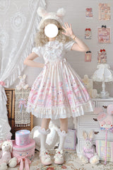 Ivory Cute Cat Print High Waisted Ruffle Bowknot Sweet Princess Lolita JSK Dress - Product - 8