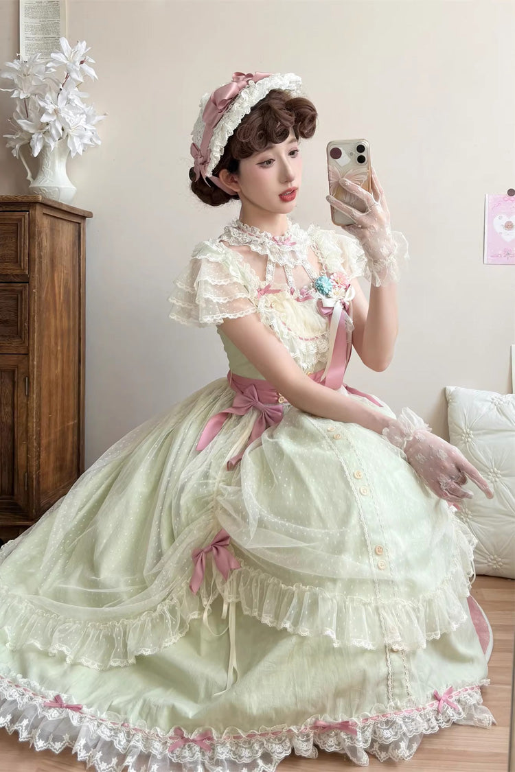 Green [Sakura’s Spring Resonance] Sleeveless Ruffled Bow Sweet Lolita Jsk Dress (Long Version) - Product - 6