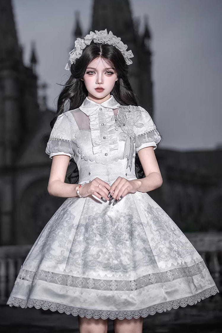 White Lapel Collar Short Sleeves Printed Ruffled Lace Classic Gothic Elegant Lolita Dress - Product - 2