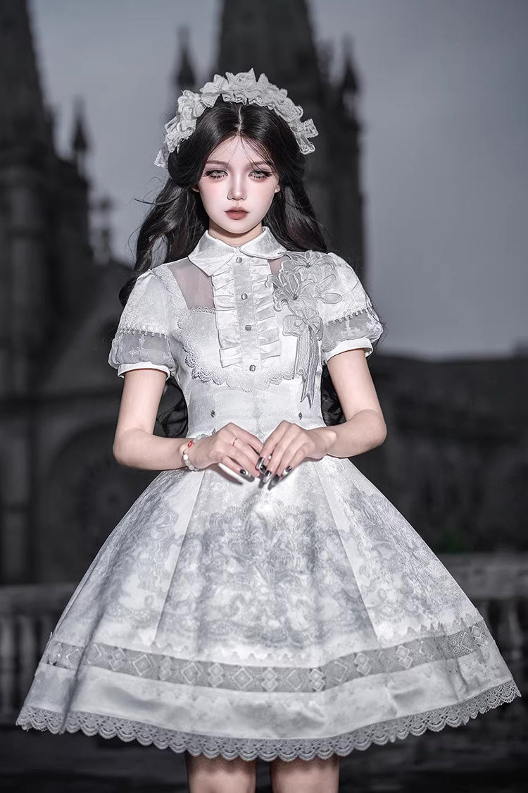 White Lapel Collar Short Sleeves Printed Ruffled Lace Classic Gothic Elegant Lolita Dress - Product - 2