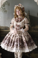 Brown [Teddy Bear Party] Round Collar Short Sleeves Printed Ruffled Bow Daily Sweet Lolita Dress - Product - 2