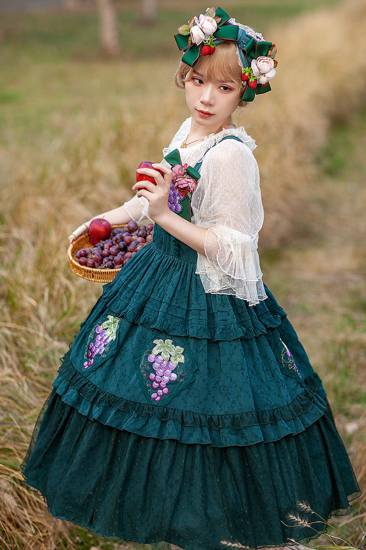 Green [Vineyard] Sleeveless Jacquard Print Ruffle Embroidery Sweet Lolita Jsk Dress - Product - 3