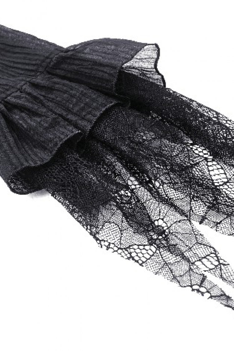 Black Women's Gothic Ruffled Stand Collar Long Puff Sleeves Spiderweb Splice Witch Maxi Dress - Product - 14