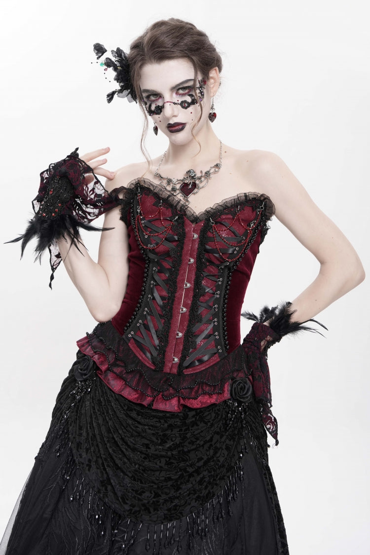 Red Sleeveless Beaded Lace Lace-Up Women's Gothic Overbust Corset - Red - 1