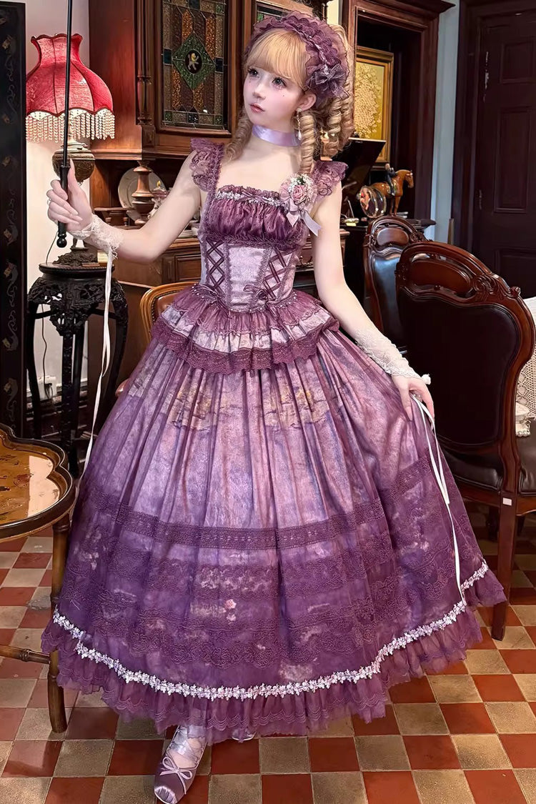 Purple [Mist-shrouded Vineyard] Sleeveless Ruffle Bowknot Lace-Up Sweet Lolita Jsk Skirt Dress Set - Product - 5