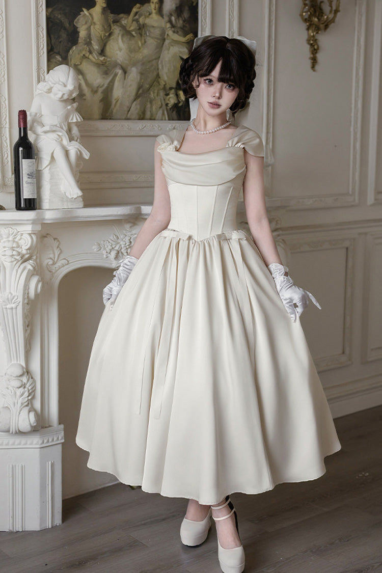Ivory [With Love] Square Collar Sleeveless Fishbone Vintage Elegant Lolita Jsk Dress Set - Ivory(Set) - 1