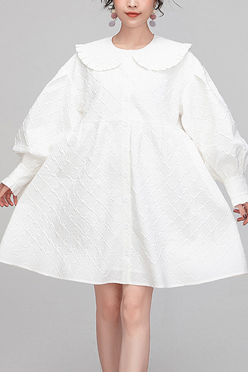 White Plaid Jacquard Cotton Doll Collar Puff Sleeve Lolita OP Dress - White - 1