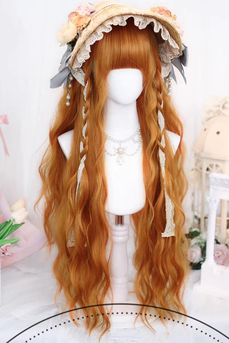 Orange Brown Long Wavy Wig Blunt Bangs Sweet Daily Lolita - Product - 2