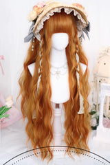 Orange Brown Long Wavy Wig Blunt Bangs Sweet Daily Lolita - Product - 2