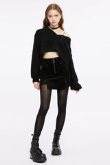 Black Wool Textured V Collar Long Sleeves Women's Gothic T-Shirt - Product - 4