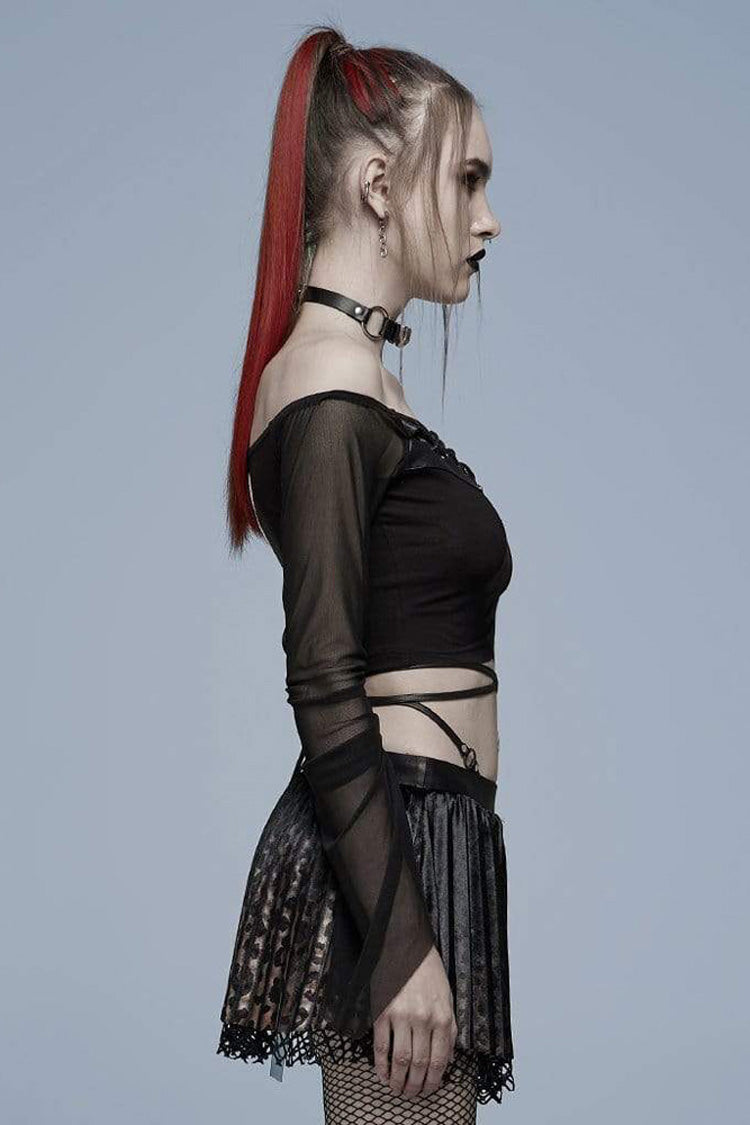 Black Gothic Elasticity Cotton Hollow Buttonhole Strap Design Slash Neck Women's T-Shirt - Product - 2