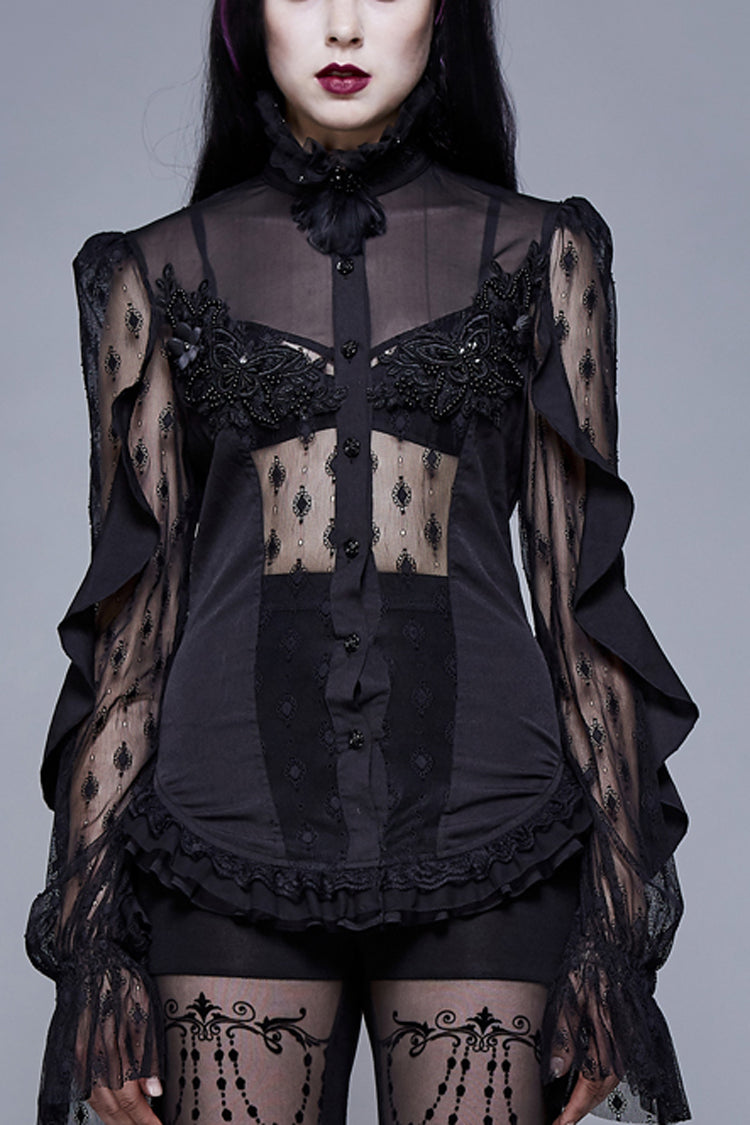 Black Chiffon High Collar Front Chest Beaded Flowers Lace Cuff Back Waist Lace Up Women's Gothic Blouse - Black - 1