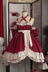 Red [Monet Estate] Sleeveless High Waisted Ruffle Bowknot Asymmetric Gothic Lolita Jsk Dress - Product - 4