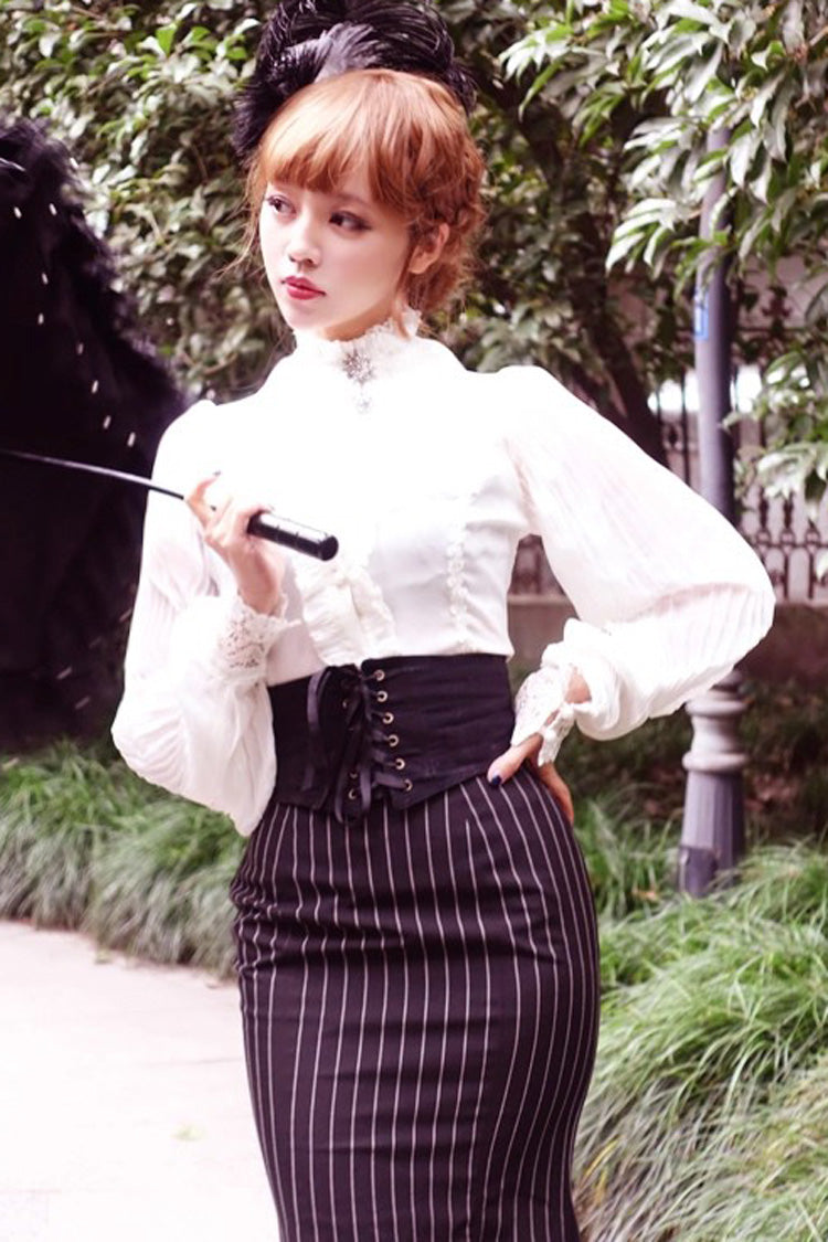 Black [Lorelei] Double-Layered Striped Print Ruffle Gothic Elegant Lolita Mermaid Maxi Skirt - Product - 3