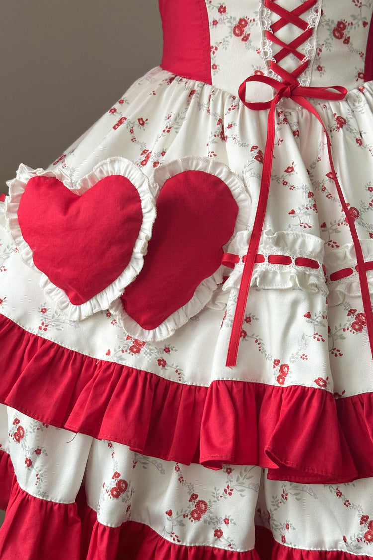 Red Double-Layered Floral Print Ruffle Bowknot Sweet Lolita Dress - Product - 10