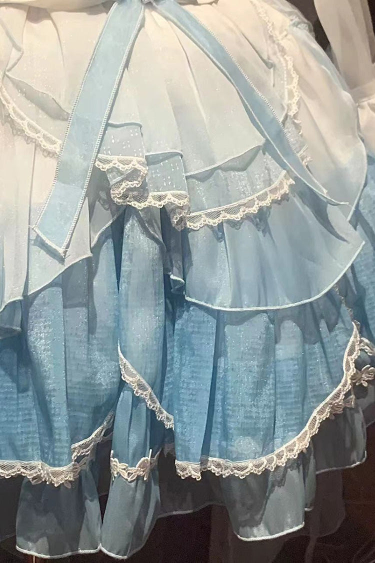 White/Blue Gradient Multi-layer Ruffle Bowknot Lace Sweet Lolita Jsk Dress - Product - 4