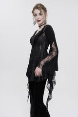 Black V-Neck Beading Lace Flared Cuffs Floral Hip Covered Long Sleeves Women's Gothic T-Shirt - Product - 3