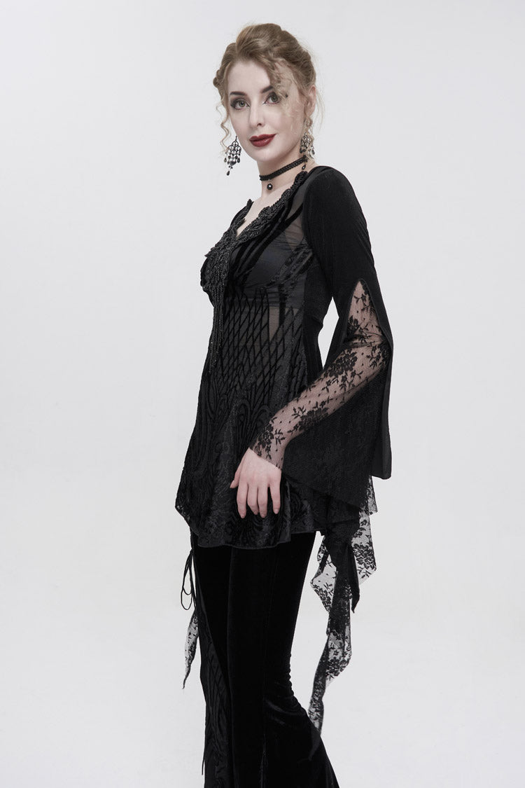 Black V-Neck Beading Lace Flared Cuffs Floral Hip Covered Long Sleeves Women's Gothic T-Shirt - Product - 3