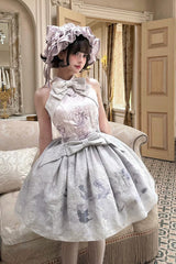 [Stained Glass Dream] Halterneck Sleeveless Printed Embroidered Bow Gothic Lolita Dress 2 Colors (Black/Purple, White/Purple) - Product - 11
