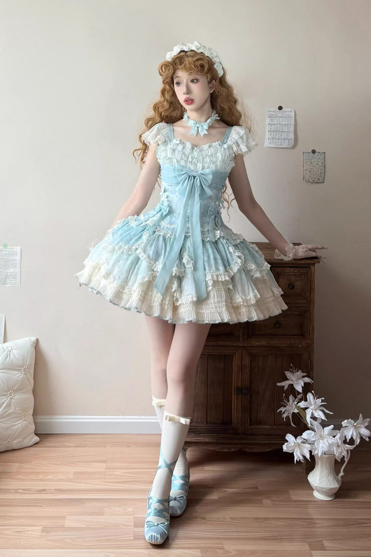 Green [Floral Dream] Short Sleeves Multi-Layered Ruffle Embroidery Bowknot Lace-Up Sweet Elegant Ballet Lolita Jsk Dress - Product - 2