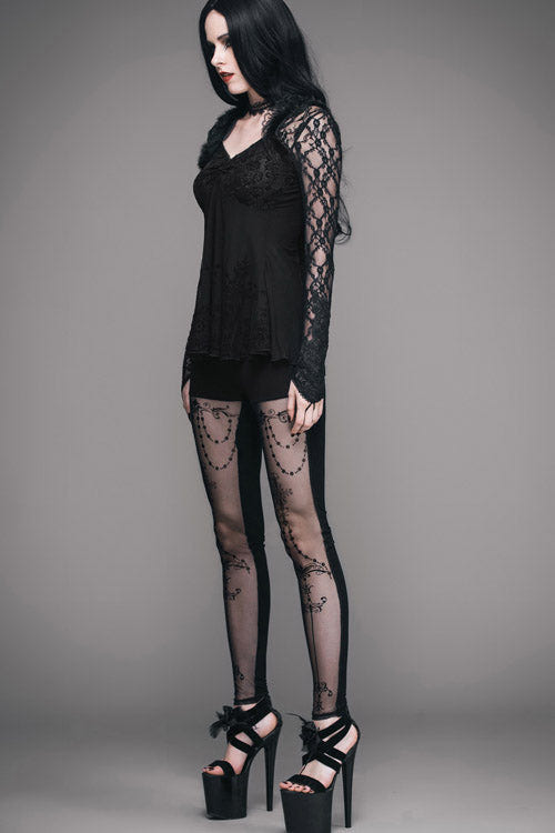 Black Sexy V Neck Mesh Long Sleeves Rose Lace Bottoming Women Gothic T-Shirt - Product - 9
