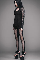 Black Sexy V Neck Mesh Long Sleeves Rose Lace Bottoming Women Gothic T-Shirt - Product - 9