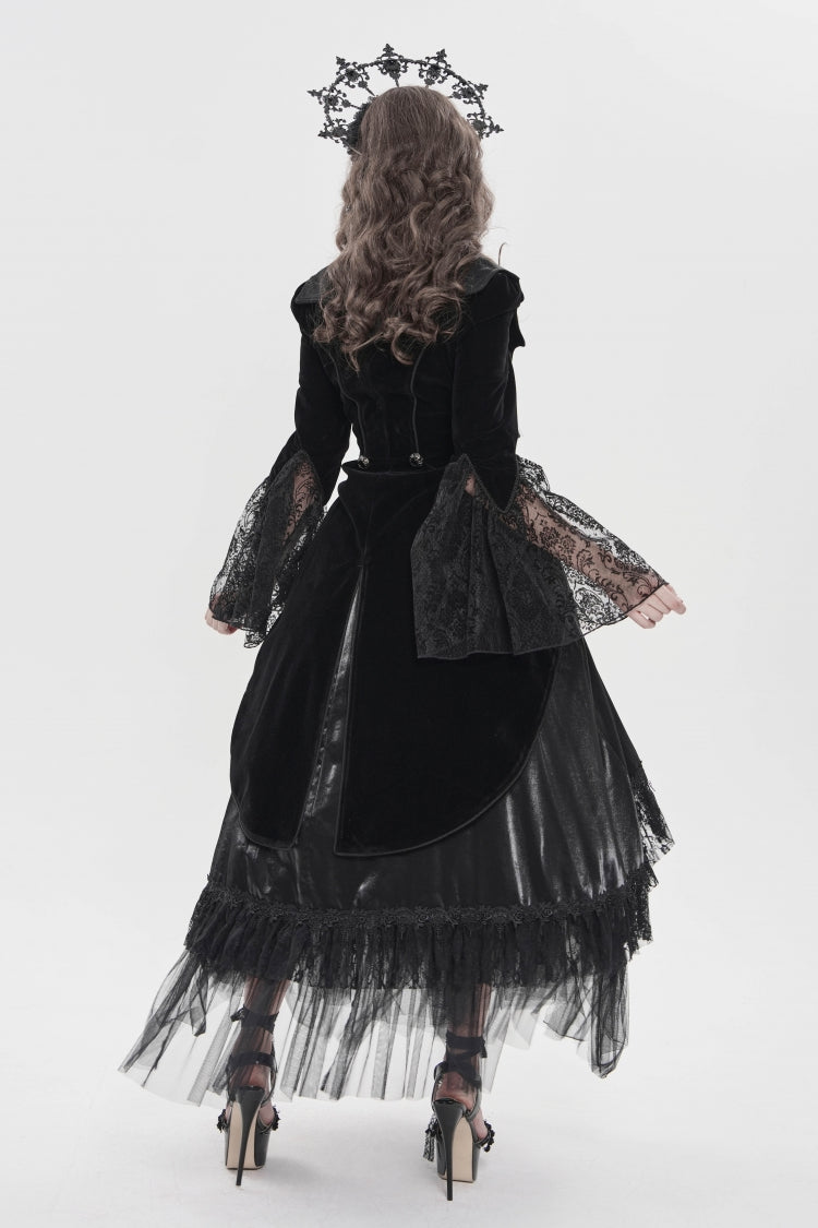 Black Long Trumpet Sleeves Embroidered Lace Slim Zippered Women's Gothic Bat Wing Collar Double-breasted Zip Jacket - Product - 10