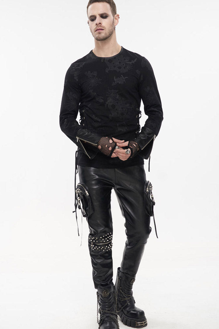 Black Punk Long Sleeve Knit Broken Holes Spider Web Print Crew Neck Men's Shirt - Product - 4