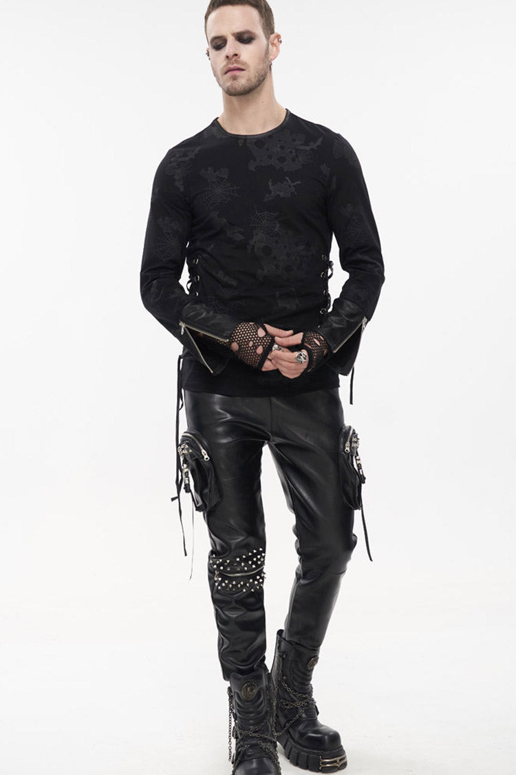 Black Punk Long Sleeve Knit Broken Holes Spider Web Print Crew Neck Men's Shirt - Product - 4