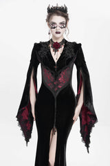 Black/Red V Collar Long Trumpet Sleeves Floral Embroidered Velvet Women's Gothic Dress - Product - 2