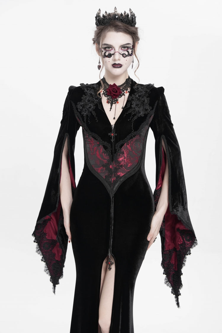 Black/Red V Collar Long Trumpet Sleeves Floral Embroidered Velvet Women's Gothic Dress - Product - 2