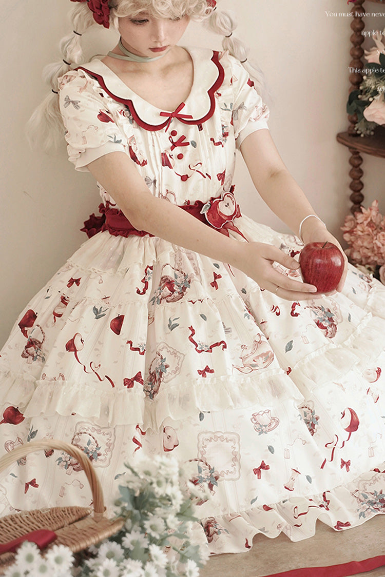 White Apple Tea Print Short Sleeves Country Style Ruffle Bowknot Sweet Lolita Dress (Plus Size Version) - Product - 8