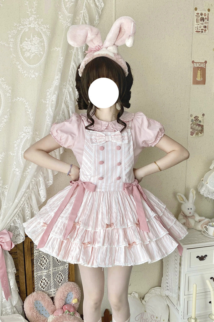 Pink Cotton Sleeveless Triple-Layered Printed Ruffled Bow Sweet Lolita Strap Dress - Pink - 1