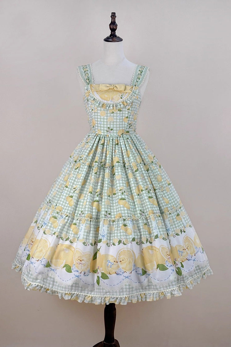 Green [Lemon Chicken] Print Ruffle Bowknot Lace Sweet Lolita Jsk Long Dress - Green - 1