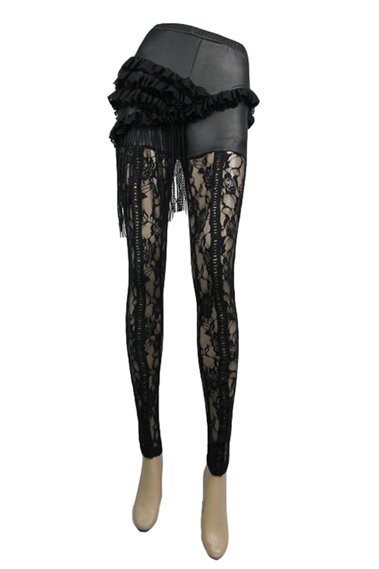 Black Knitted Base Cloth Rose Flower Net Material Asymmetric Lace Hip Transparent Women's Gothic Leggings - Product - 6