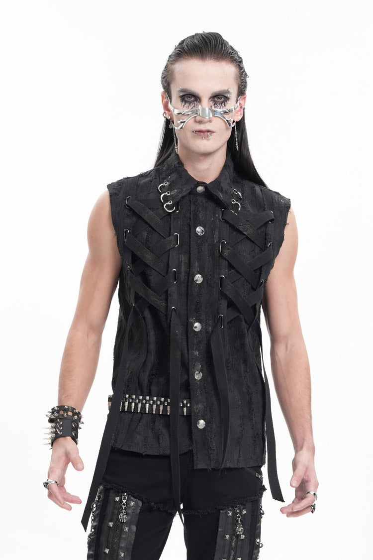 Black Lapel Collar Sleeveless Lace-Up Ripped Ring Men's Gothic Vest - Product - 7