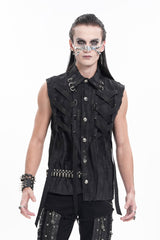 Black Lapel Collar Sleeveless Lace-Up Ripped Ring Men's Gothic Vest - Product - 7