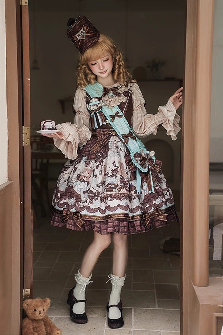 Brown [Teddy Bear Chocolate] Sleeveless Print Ruffle Bowknot Sweet Lolita Jsk Dress - Product - 7