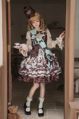 Brown [Teddy Bear Chocolate] Sleeveless Print Ruffle Bowknot Sweet Lolita Jsk Dress - Product - 7