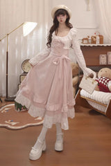 Pink [Sakura Milk Cake] Long Sleeves Double-Layered Bow Lace Sweet Princess Lolita Dress - Product - 5