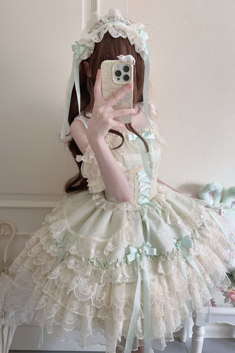 Green [Ribbon Heart Love] Sleeveless Multi-Layered Ruffle Bowknot Lace Lace-Up Sweet Princess Ballet Lolita Jsk Dress - Product - 2
